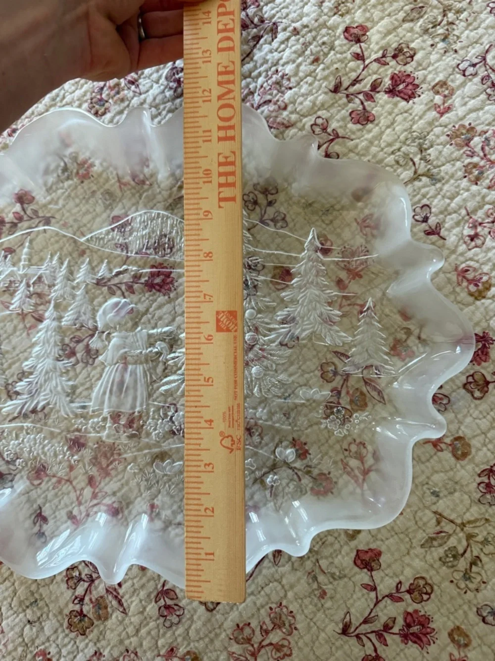 Etched White Milk Glass Scalloped Christmas Serving platter